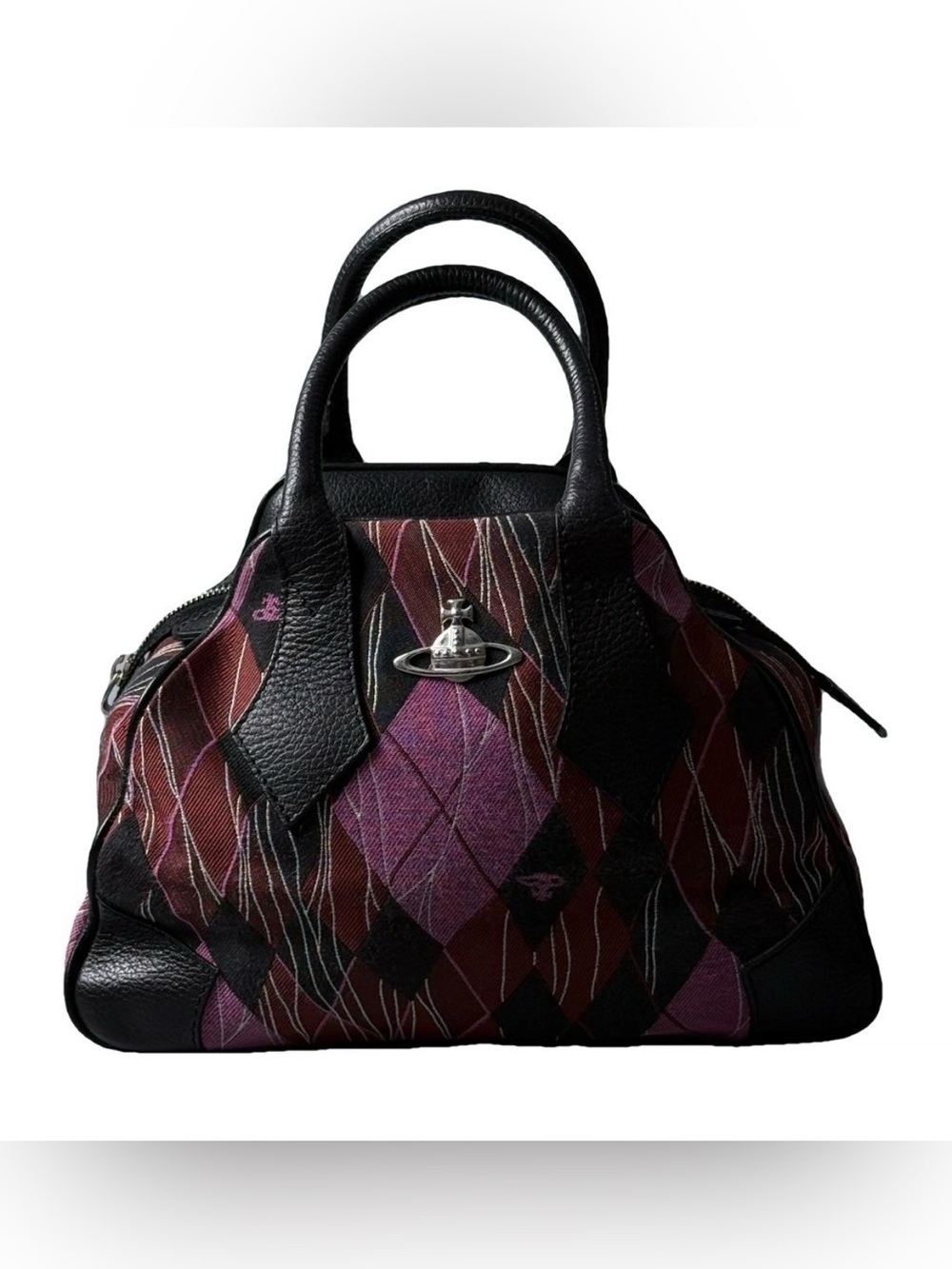 Vivienne Westwood Purple, Burgandy, & Black Argyle Satchel w/Silver Orb Emblem